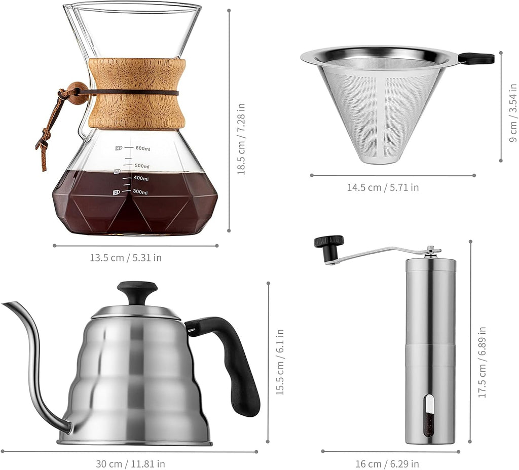 Pour over Coffee Maker Set – 40Oz Gooseneck Kettle with Thermometer, Coffee Grinder & 20Oz Drip Coffee Maker – Stainless Steel Pour over Coffee Set