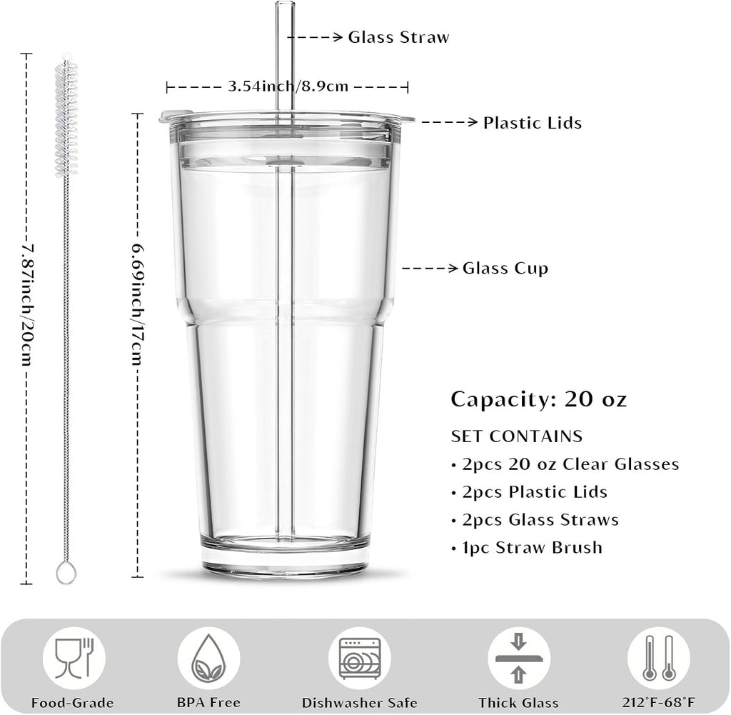 20 Oz Clear Glass Cup with Lid and Glass Straw, Set of 2 Thickened Glass Coffee Tumblers, Drinking Glasses with Straw for Smoothie, Tea, Milk, Whiskey, Water and More – Elegant & Durable