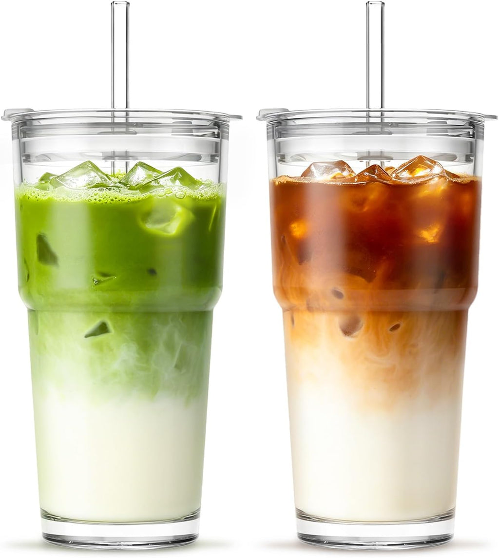 20 Oz Clear Glass Cup with Lid and Glass Straw, Set of 2 Thickened Glass Coffee Tumblers, Drinking Glasses with Straw for Smoothie, Tea, Milk, Whiskey, Water and More – Elegant & Durable