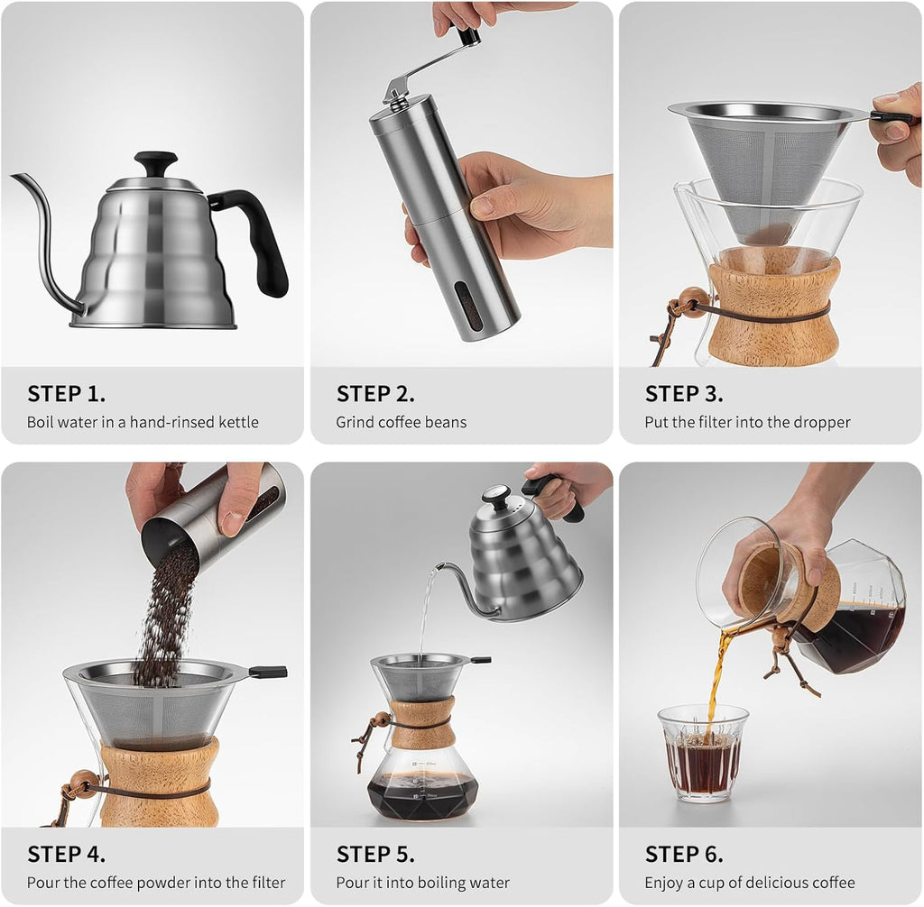 Pour over Coffee Maker Set – 40Oz Gooseneck Kettle with Thermometer, Coffee Grinder & 20Oz Drip Coffee Maker – Stainless Steel Pour over Coffee Set