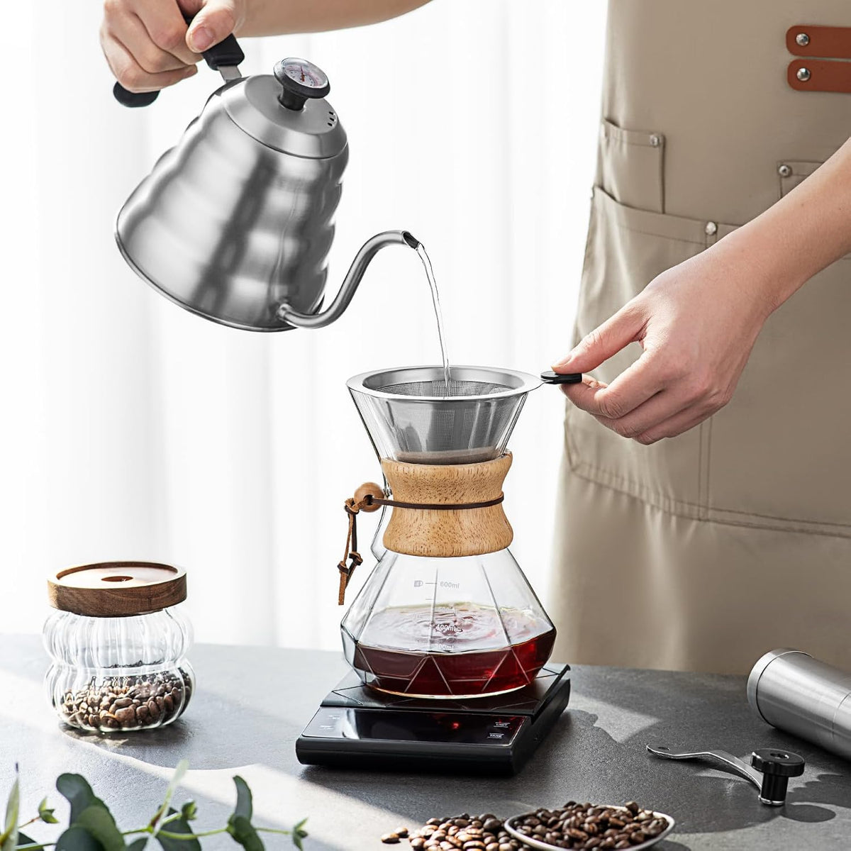 Pour over Coffee Maker Set – 40Oz Gooseneck Kettle with Thermometer, Coffee Grinder & 20Oz Drip Coffee Maker – Stainless Steel Pour over Coffee Set