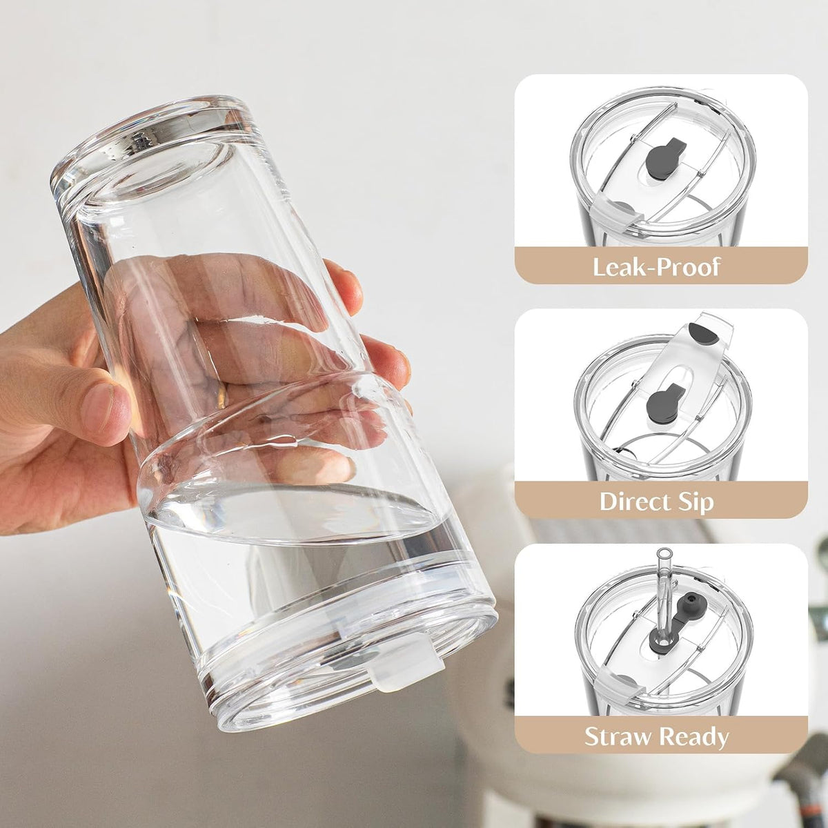 20 Oz Clear Glass Cup with Lid and Glass Straw, Set of 2 Thickened Glass Coffee Tumblers, Drinking Glasses with Straw for Smoothie, Tea, Milk, Whiskey, Water and More – Elegant & Durable