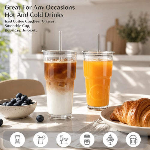 20 Oz Clear Glass Cup with Lid and Glass Straw, Set of 2 Thickened Glass Coffee Tumblers, Drinking Glasses with Straw for Smoothie, Tea, Milk, Whiskey, Water and More – Elegant & Durable