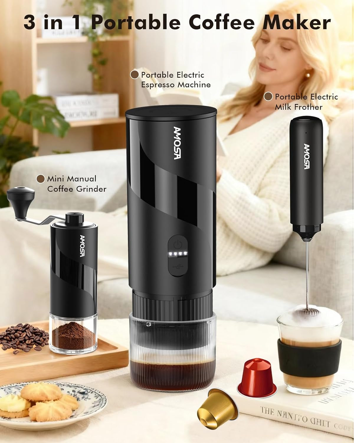 All in 1 Portable Electric Espresso Machine & Coffee Grinder & Milk Frother