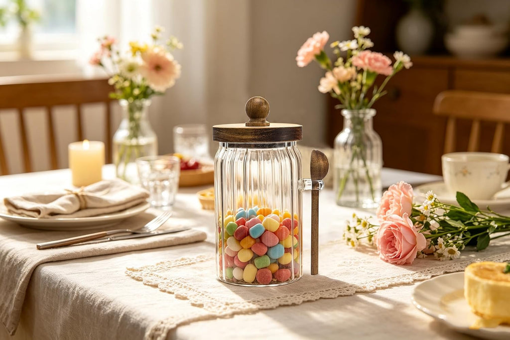 Vintage Glass Jar with Wooden Spoon&Lid, 26 Fl.Oz, Coffee Storage Canister