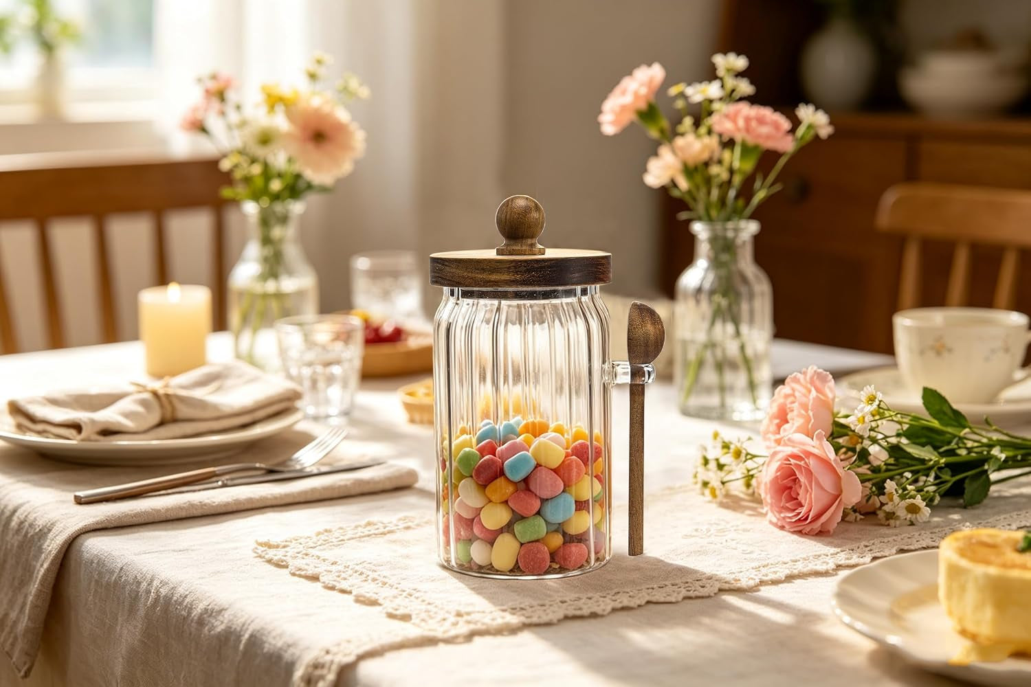 Vintage Glass Jar with Wooden Spoon&Lid, 26 Fl.Oz, Coffee Storage Canister