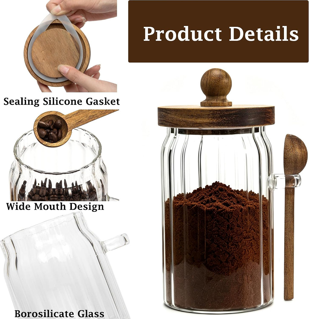 Vintage Glass Jar with Wooden Spoon&Lid, 26 Fl.Oz, Coffee Storage Canister